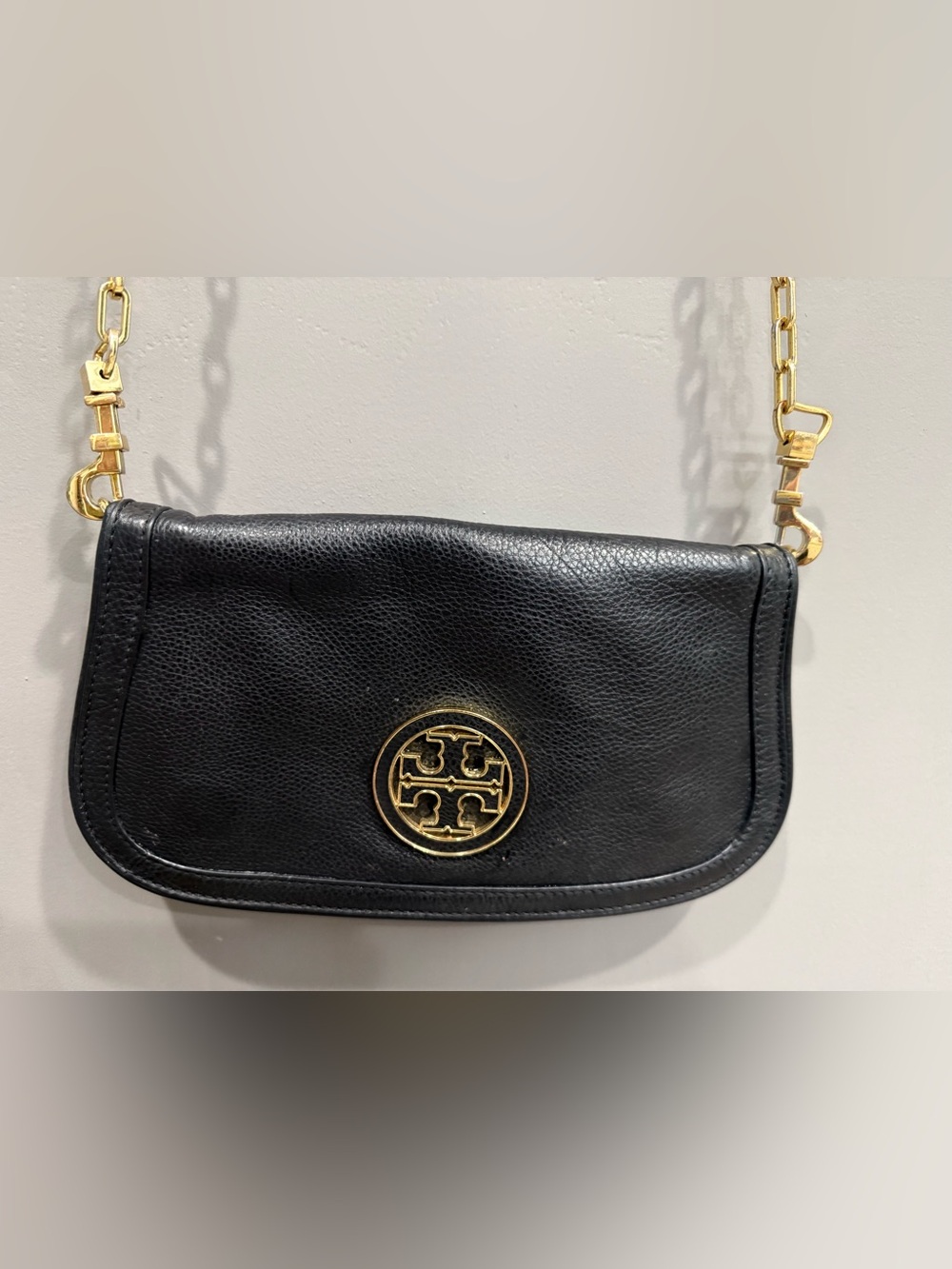Tory Burch Black Leather Clutch with Gold Logo Medallion